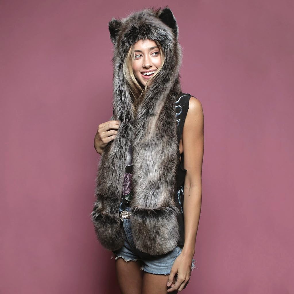 Damen Herren Winter Kunstpelz Flauschig Pelzigen Tier Kapuze Mütze mit Ohren Schal Pfoten Prints Tasche Handschuhe 3 in 1 Combo