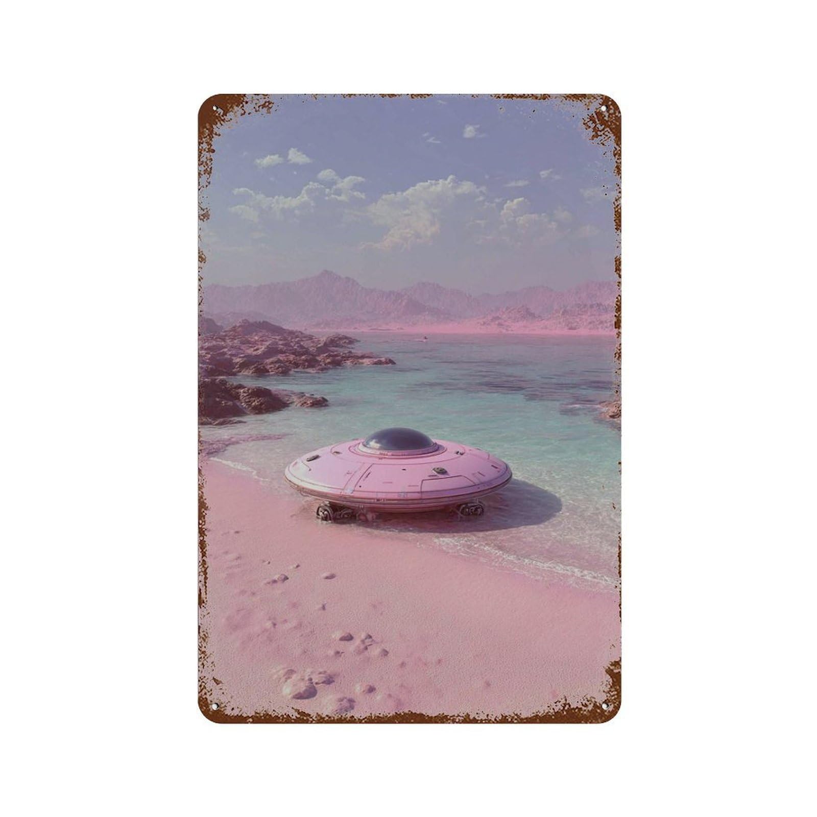 xiaoxiaoshen Pink UFO Beach Surreal Sci Wall Decor Art Metal Tin Poster Modern Home Decor Art Home Bar Shop Decorations Vintage Sign 30x20cm
