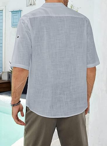 Miniatura 2 de Camisa básica cómoda de lino de manga corta para hombre, ligera, de color sólido, con botones