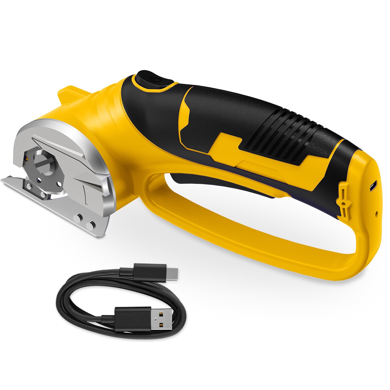 Cordless Electric Scissors, 4V Rechargeable Box Cutter &amp; Cardboard Cutter with Titanium Blade, LED Light, Safety Lock - Rotary Cutter for Fabric, Leather, Carpet, Plastic, Crafting, Sewing(Yellow)