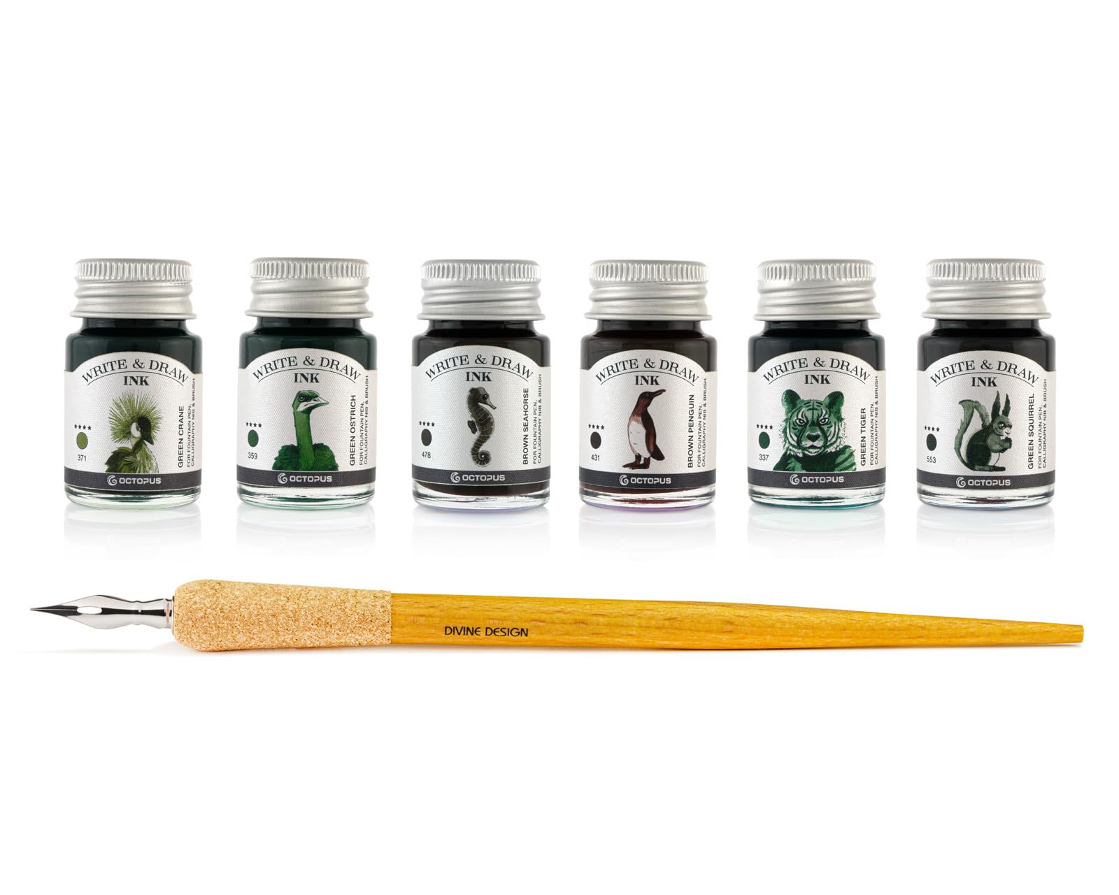 Octopus Write and Draw Ink Set Forest, tusz do pisania i rysowania, 6 x 10 ml z piórem