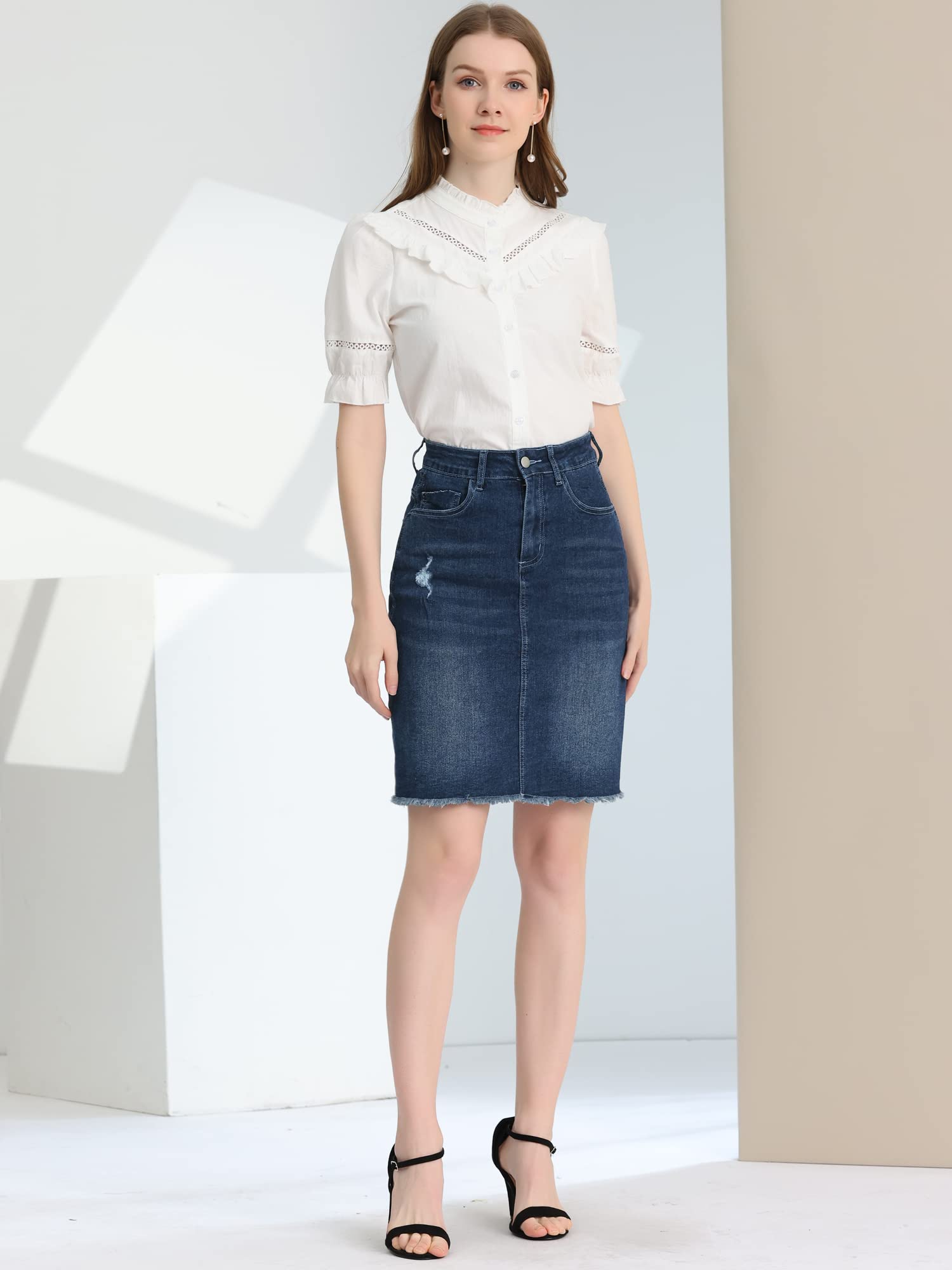 Allegra K Donna Gonna Basic Denim Jeans Lavati Vita Alta Strappati Strappi