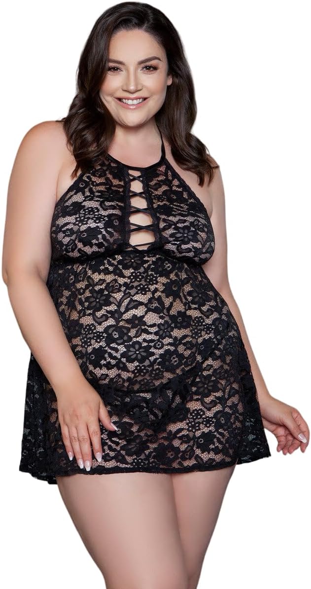 Be Wicked Womens Rue Plus Halter Neck Babydoll Set, 1X, Black