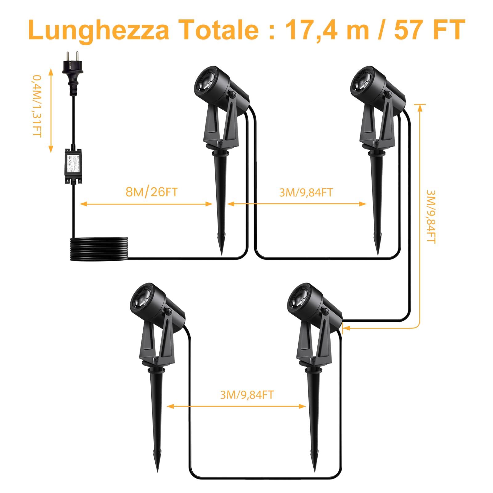 Luci Da Esterno Giardino 17M/57FT 4 Pezzi Luci Diardino Con Telecomando A Bassa Tensione 27V Faretti Da Giardino 3000K Impermeabile IP67 Luce da Giardino Esterna Per Giardino Cortile Alberi