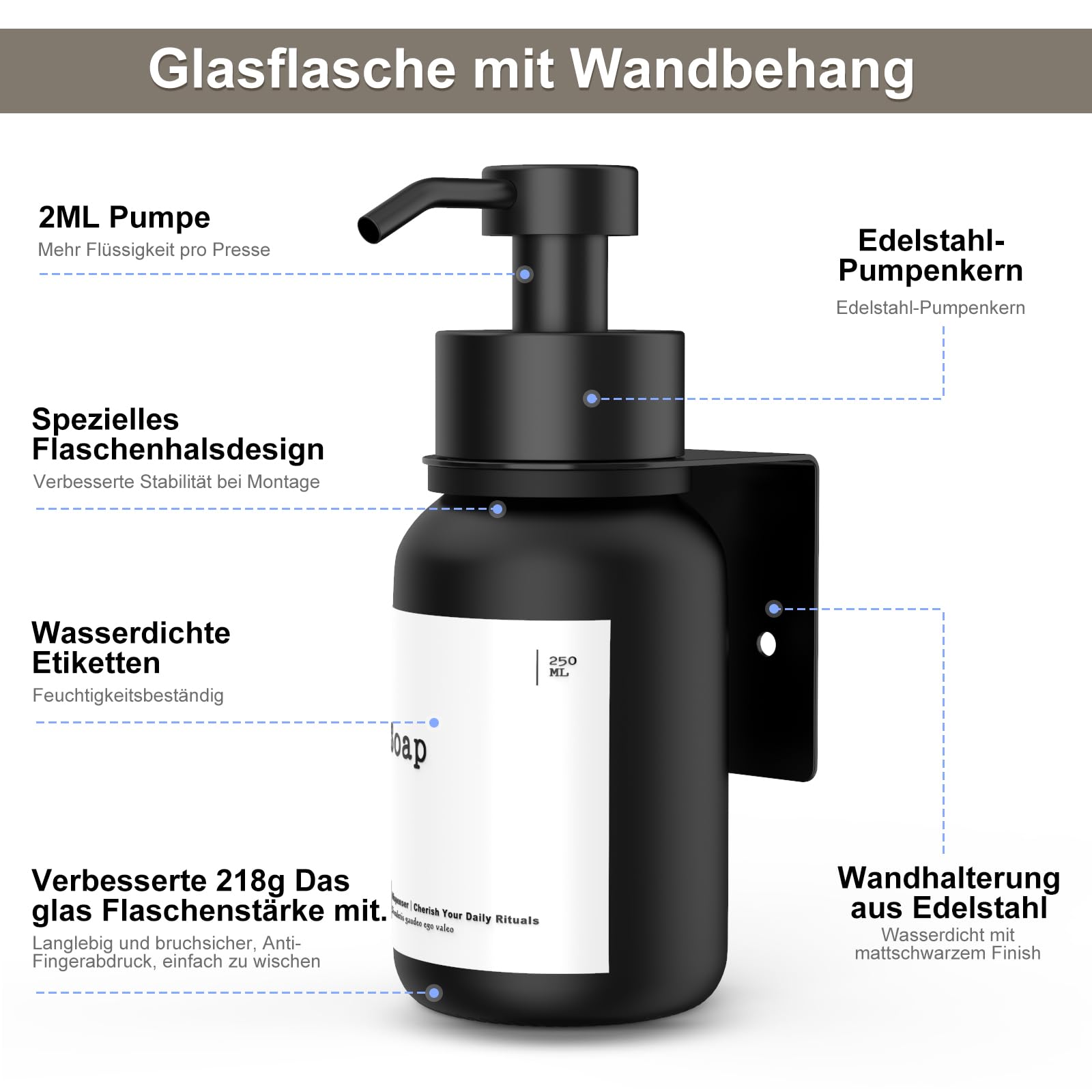 Dispenser Sapone Autoadesivo Da Muro - 250 Ml, In Vetro E Acciaio, Design Amburgo, Nero - Foto 13