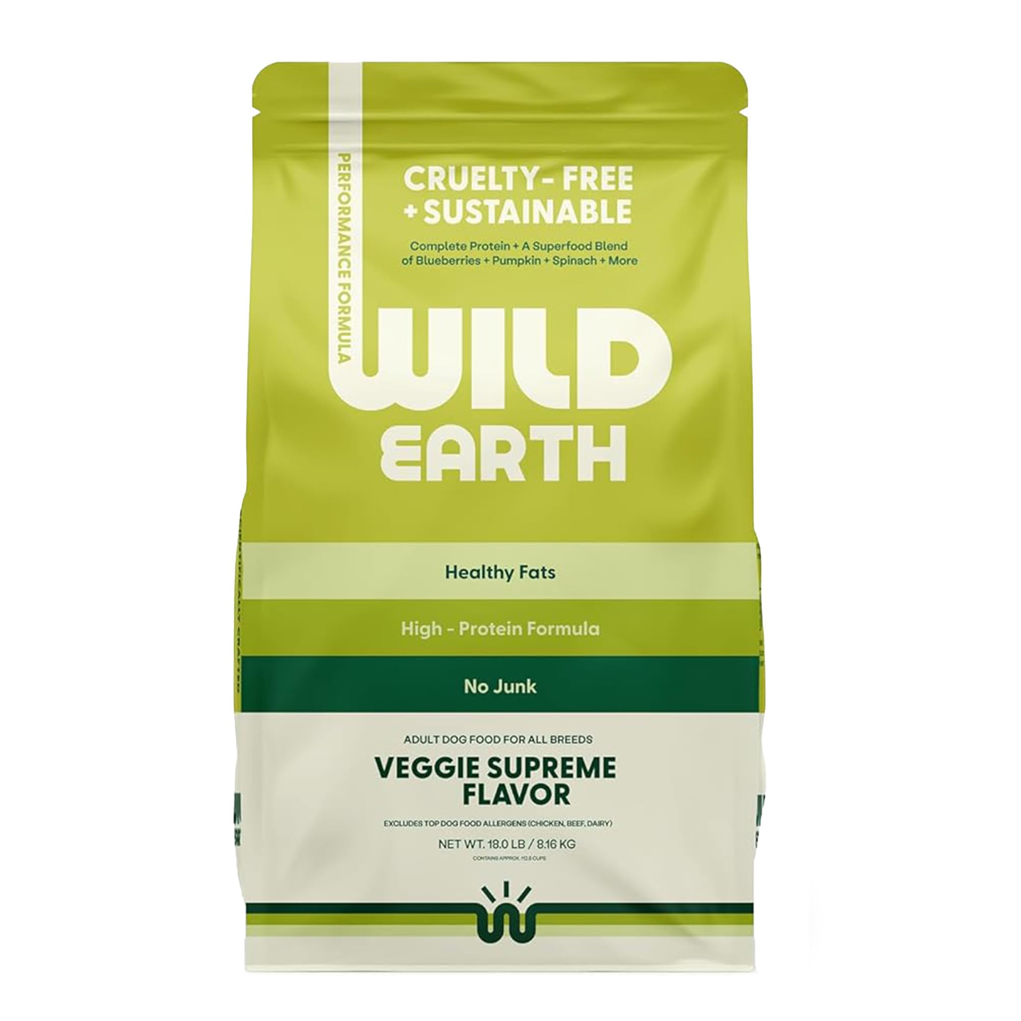 Wild Earth Vegan Dry Dog Food Performance Formula | Plant-Based Vegetarian Kibble | Wheat-Free, Allergen-Free, Veterinarian-Developed | Veggie Supreme Flavor, 18lb Bag