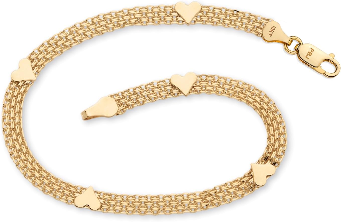 PalmBeach 10K Yellow Gold Bismark Heart Link Bracelet (3.5mm), Lobster Claw Clasp, 7.25 inches