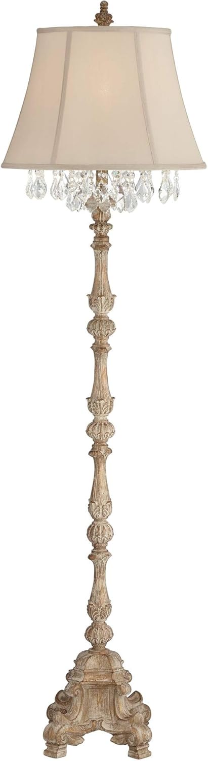 Barnes and Ivy Duval French Vintage Traditional Standing Floor Lamp 63.5" Tall Distressed Candlestick Crystal Glass Beading Cream Bell Shade Decor for Living Room Reading House Bedroom Home