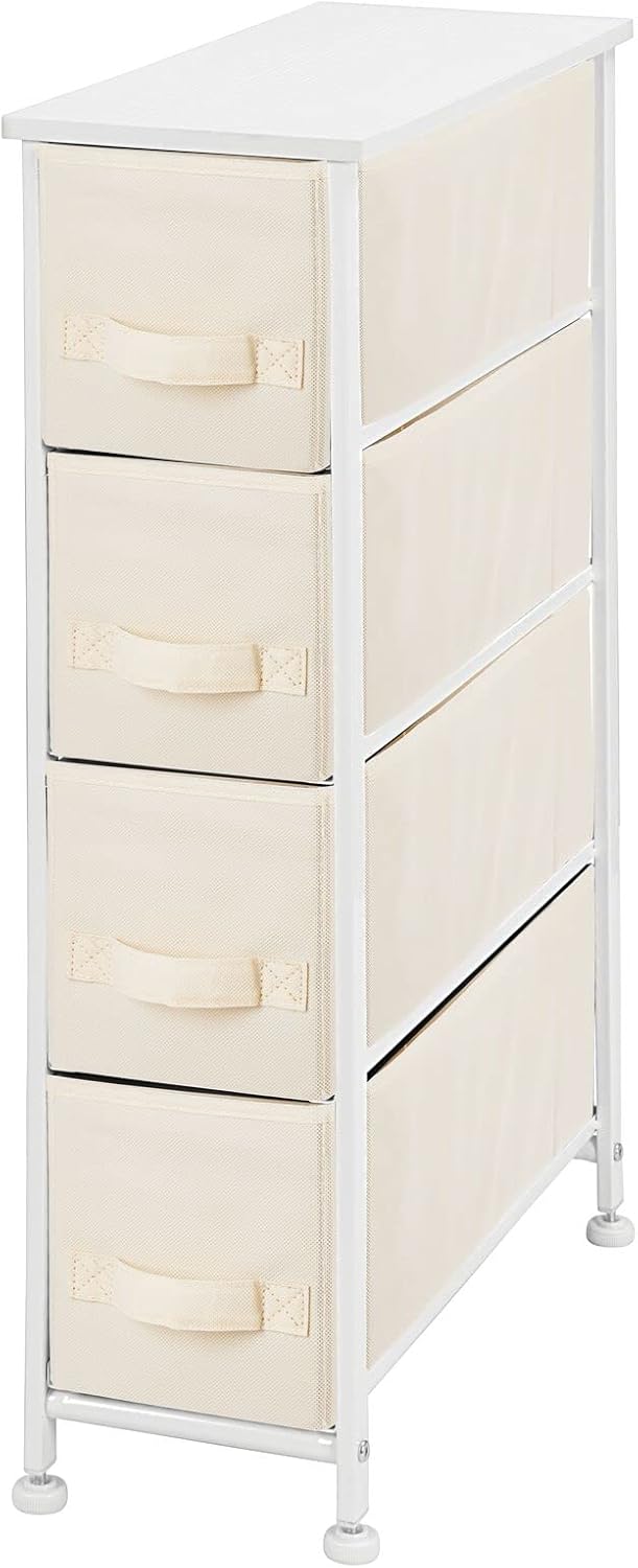 mDesign Narrow Dresser Storage Tower Stand with 4 Removable Fabric Drawers - Steel Frame, Wood Top Organizer for Bedroom, Entryway, Closet - Jane Collection - Cream/White