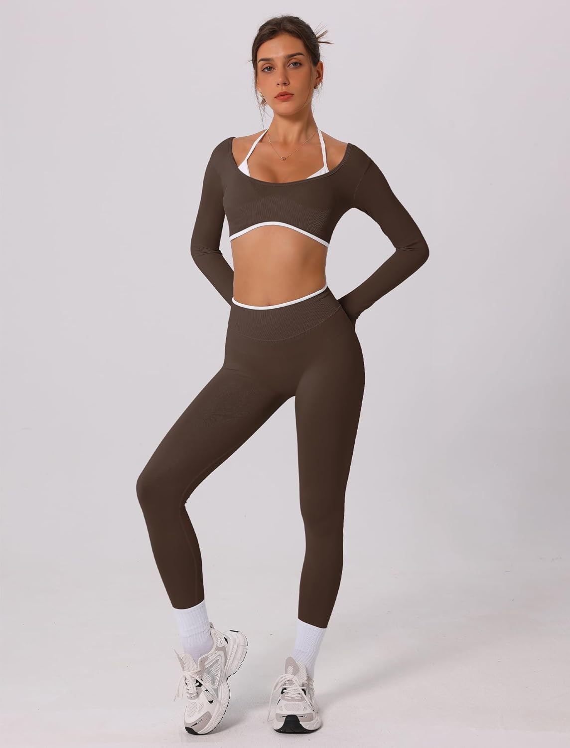 AGYMNX 2 Piece Workout Sets for Women Contrast Panel Long Sleeve Halter Crop Top and High Waist Leggings Jogger Outfits
