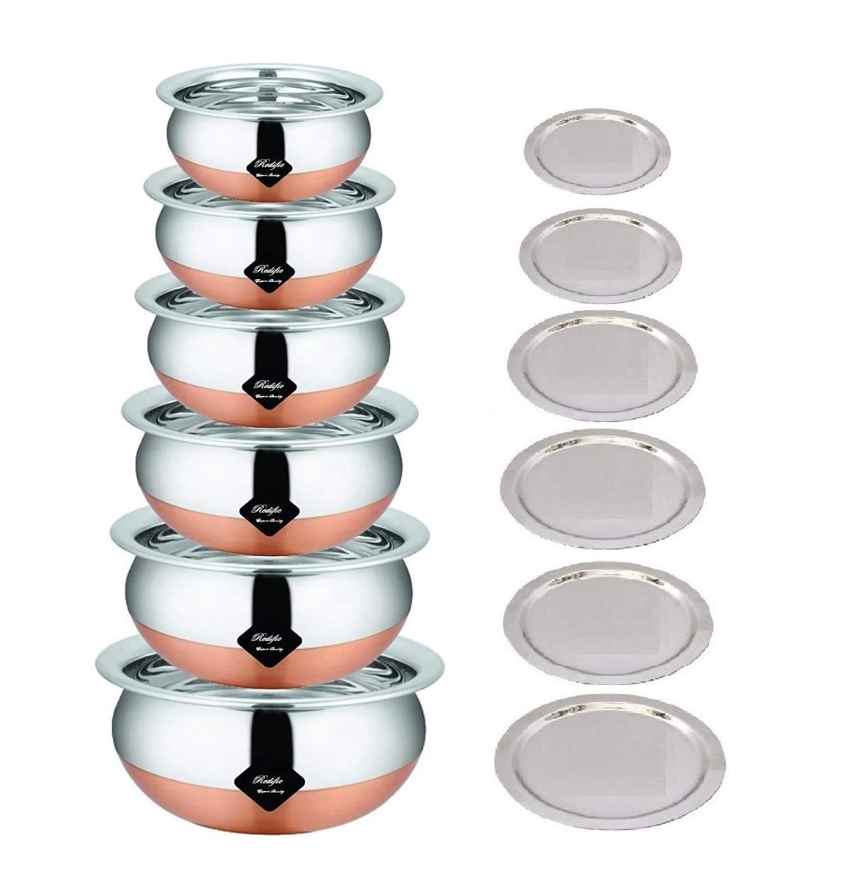Redific 6Pc Pcs Pieces Handi Set 6 Pc Handi Set with Lid Copper Bottom Handi Set with Lid/Dhakkan, Bowl Set with Lid Cookware Set with lid Serve and Cook Set Stainless Steel Handi Set