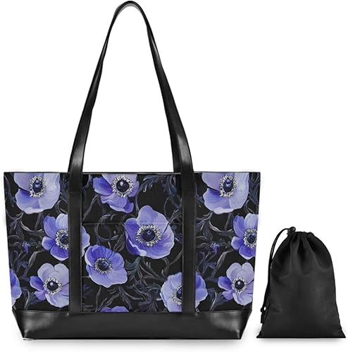 Miniatura 4 de Arte púrpura anémona flor negro esencial bolsa de computadora para las mujeres con cremallera bolsa de mano para viajeros con mujeres trabajo