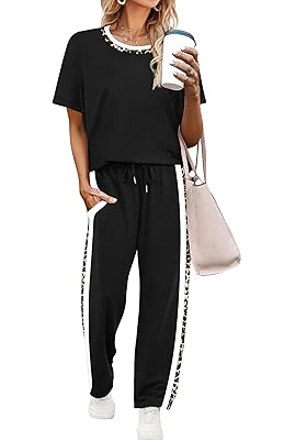 WIHOLL 2 Piece Lounge Sets for Women Matching Set Summer Outfits Short Sleeve Tops Wide Leg Pants with Pockets