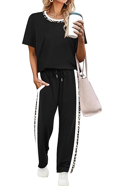 WIHOLL 2 Piece Lounge Sets for Women Matching Set Summer Outfits Short Sleeve Tops Wide Leg Pants with Pockets