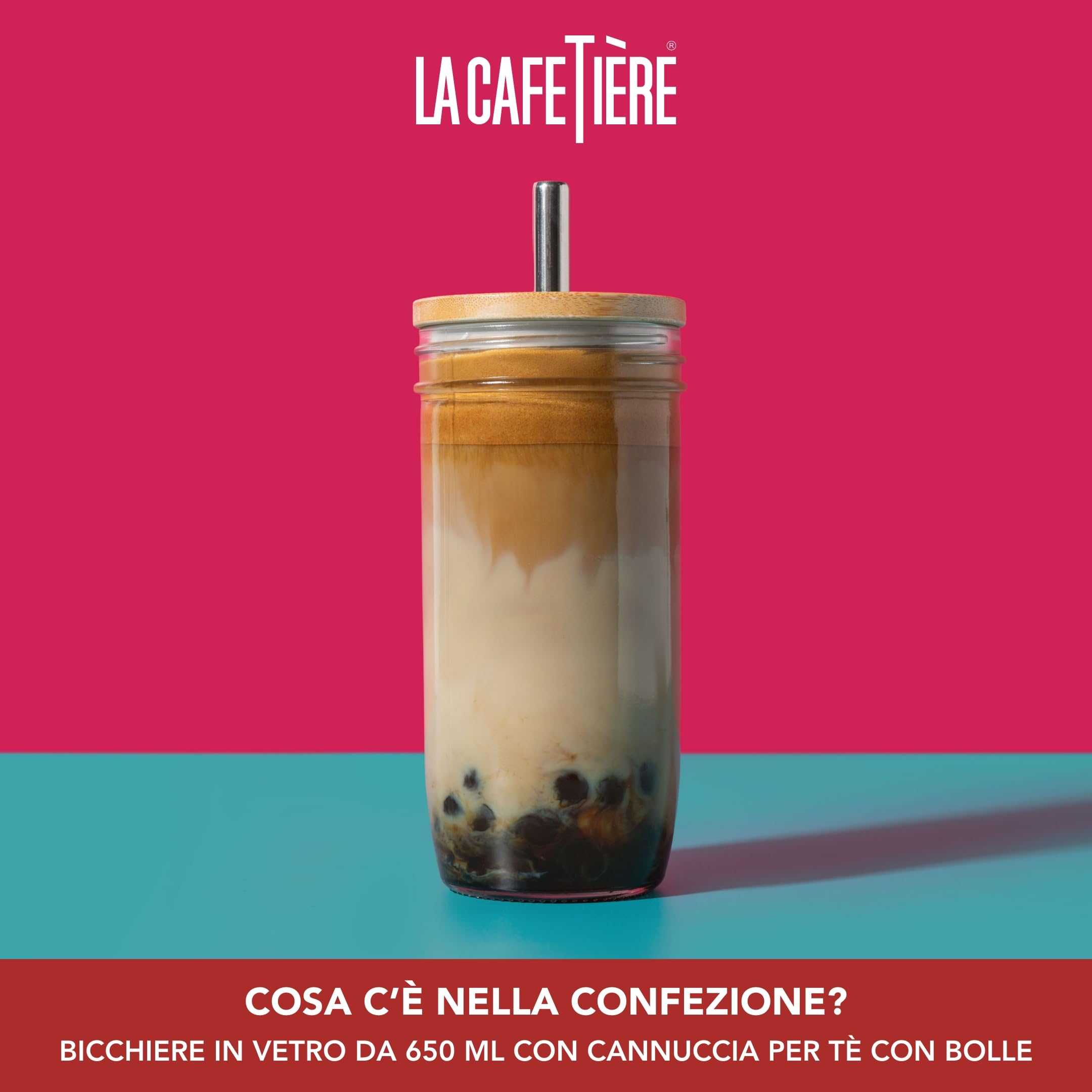 La Cafetière - Tumbler da 650 ml, in vetro trasparente con cannuccia in acciaio inox, riutilizzabile, ideale per bubble tea, frullati, frappè, latte macchiato freddo e bevande fredde