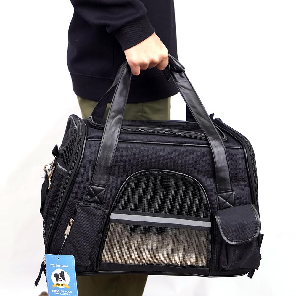 Trasportino per cani e gatti, borsa per trasportatore da viaggio, traspirante, con tasche laterali a due porte, con tracolla per auto, colore: nero, 24 x 28 x 43 cm