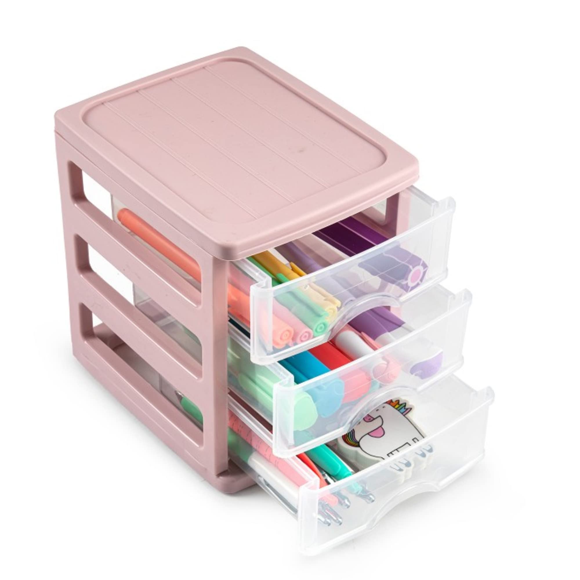 Plastic Desktop Storage Unit with Drawers, Stationary Arts Drawer Desktop Tabletop Organiser Storage Tower Unit for Office Bedroom Garage ((17 x 13.5 x 17cm, Pink with 3 Clear Drawers)) — view 6