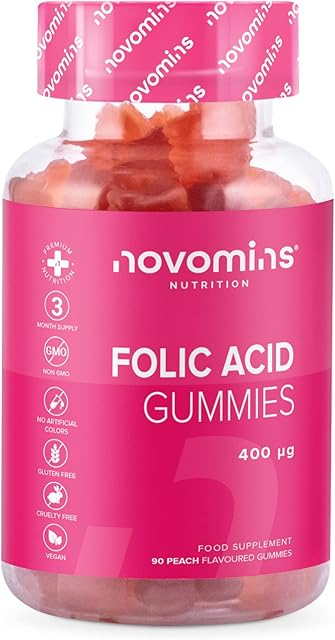 Folic Acid Gummies  Folic Acid 400mcg - 3 Month Supply  Vegan  Gluten Free  Pregnancy Care  Prenatal Health & Maternal Tissue Growth During Pregnancy  Made by Novomins