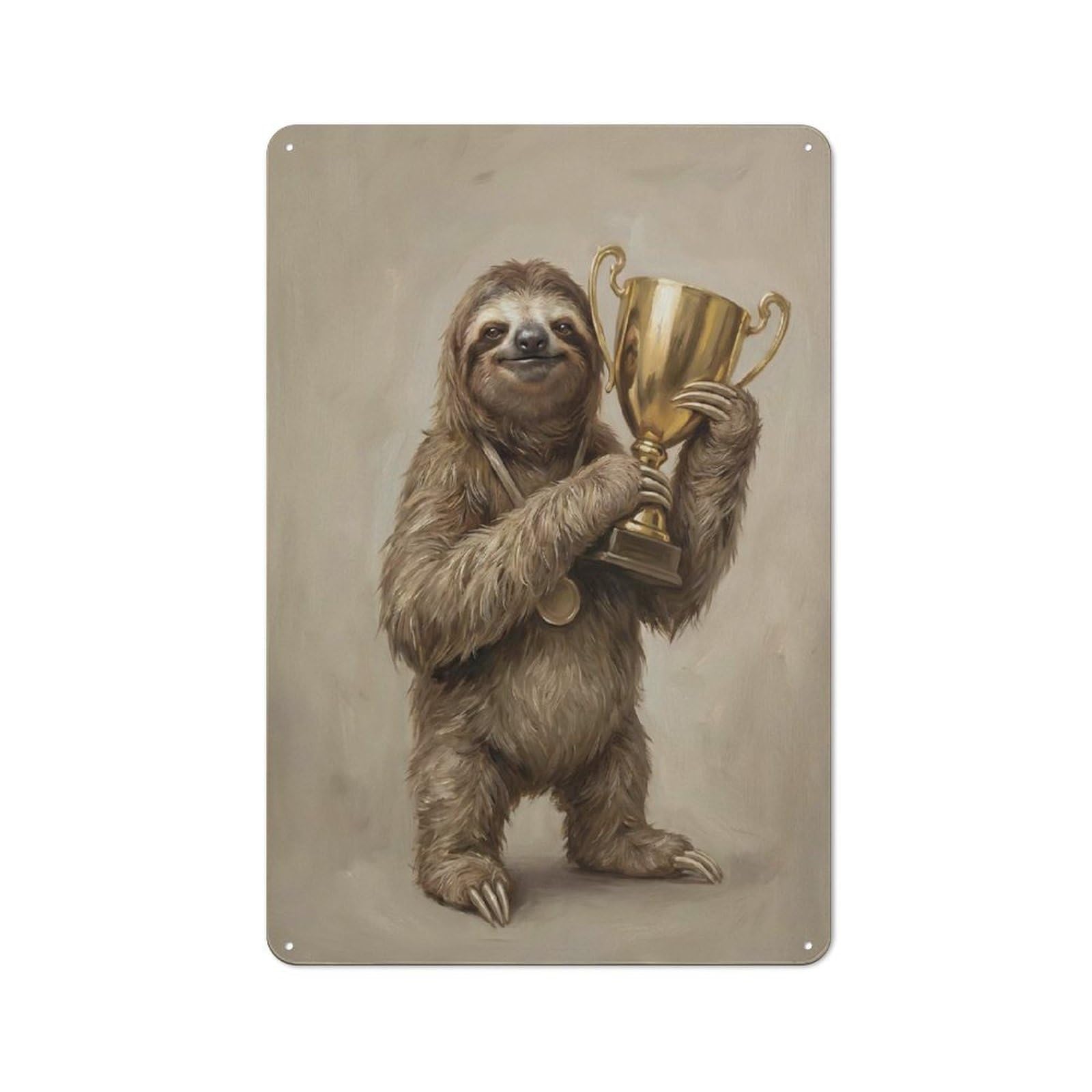 Junmoney Style-9 Victorious Sloth With Golden Trophy Printed Metal Sign 30X20cm For Lounge Or Reading Corner, A Winter Wall Decor Update For Reading Corner Decorators