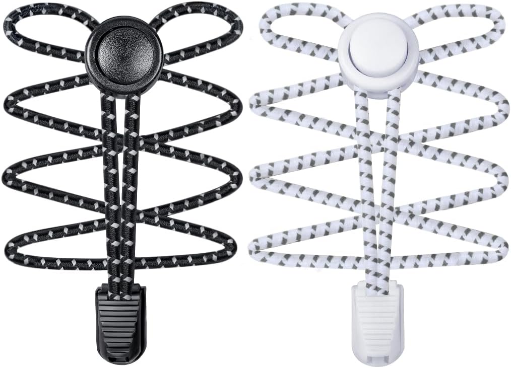 No Tie Shoe Laces Elastic Laces for Trainers White and Black Shoe Laces One Size Fits All for Kids and Adults (2 Pairs)