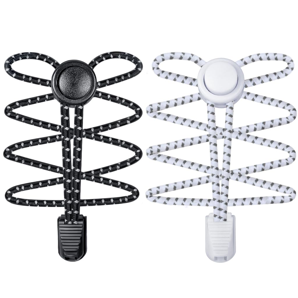 No Tie Shoe Laces Elastic Laces for Trainers White and Black Shoe Laces One Size Fits All for Kids and Adults (2 Pairs)