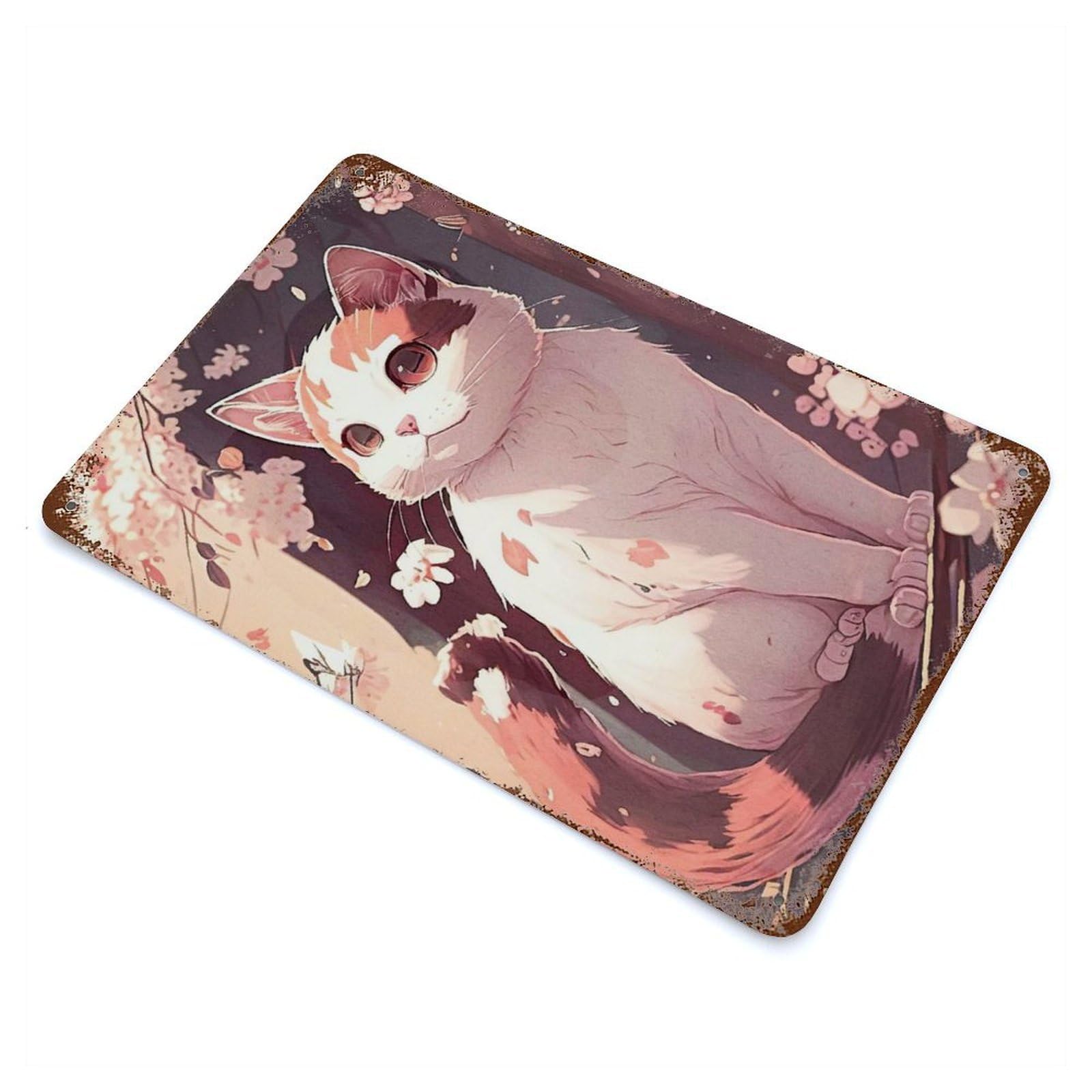Cat Cherry Blossoms 11.8"x7.9" Retro Metal Sign, Industrial Home Decor for Basement, Hobby Room And Garage Decor