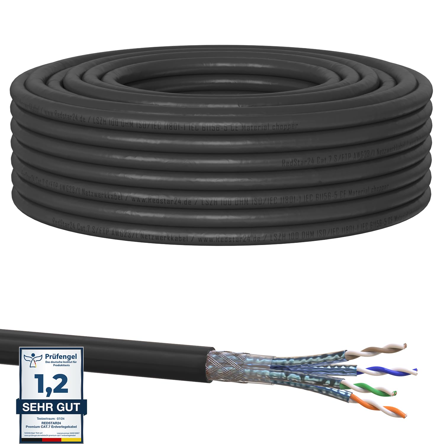 RedStar24 Câble de Réseau Extérieur CAT 7 20m - Câble Ethernet CAT7 Gigabit S/FTP, Cuivre, 1000MHz, Câble d'installation Outdoor PIMF POE 10Gbit LAN, AWG 23/1, Noir, Résistant aux UV