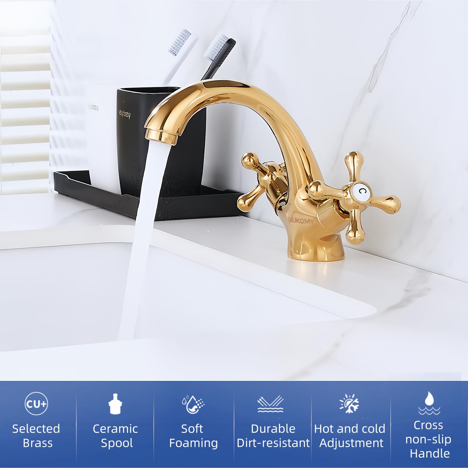 Grifo de Lavabo Latón Dorado, Grifo Baño Dos Manijas, Grifo Mezclador Baño Fregadero, Grifería de Lavabo Agua Fría y Caliente con Tubo Flexible