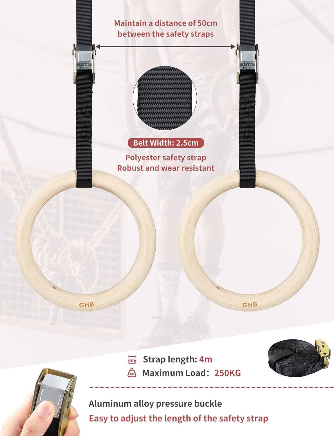 GHB Gymnastic Rings Wooden Gym Rings Training Rings with Adjustable Buckles Straps for Fitness Training : Sports & Outdoors