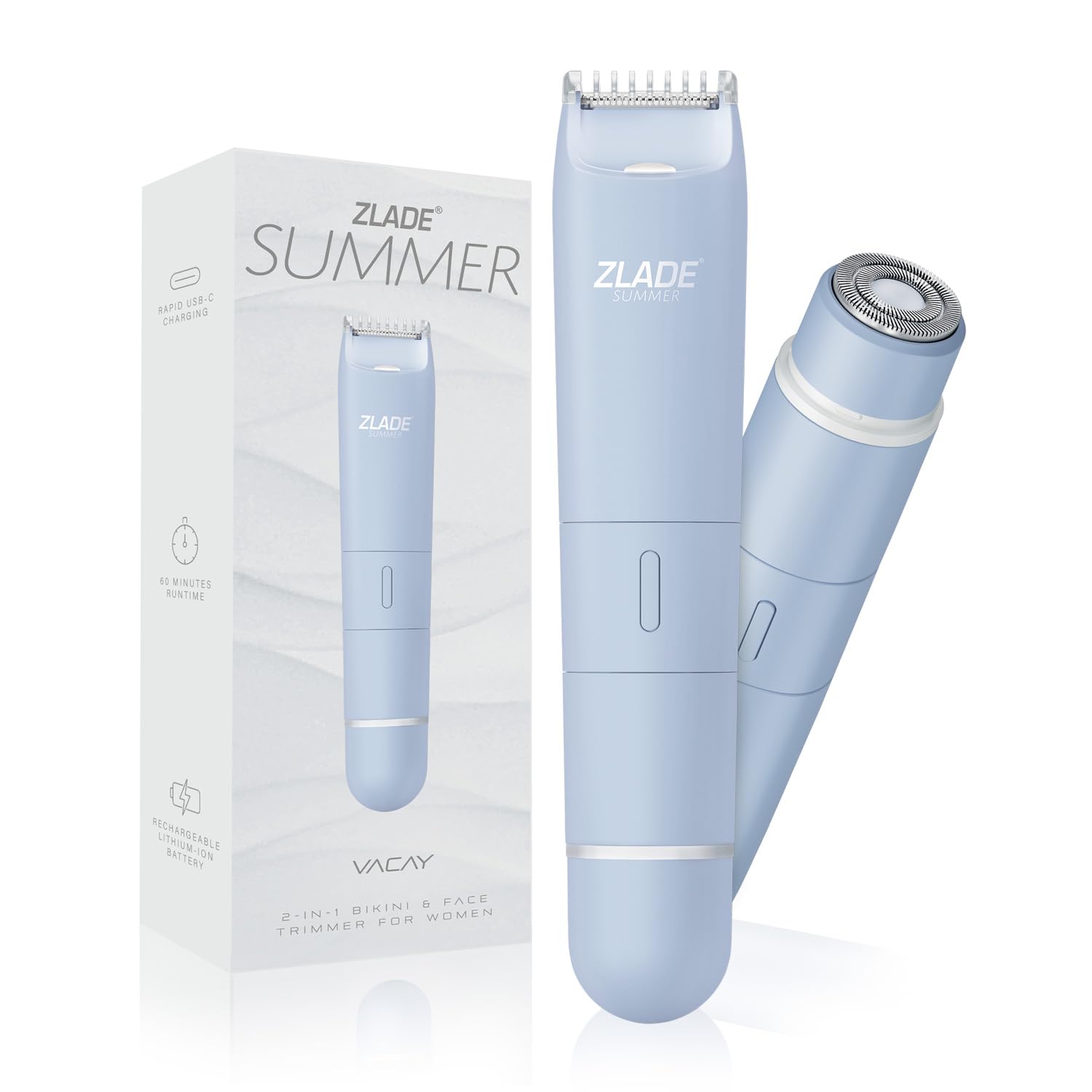 Zlade Summer Vacay 2 in 1 Facial Hair Removal Shaver and Body Trimmer for Women | Face, Body, Bikini Line | Rechargeable with USB C | Waterproof and Showerproof, Easy to Clean Design | Travel Friendly, Compact, Quick and Painless Hair Removal Machine