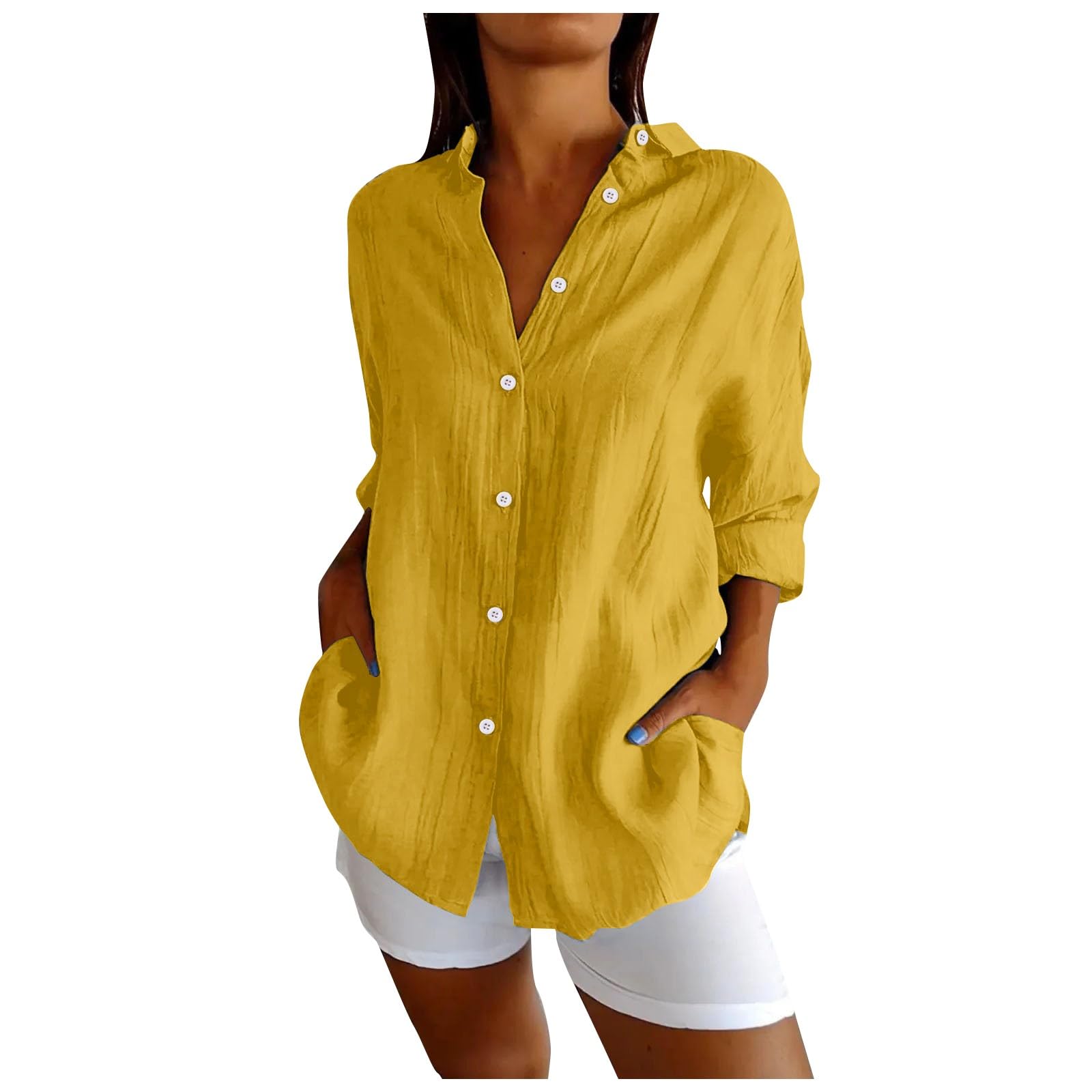 Camicie da donna in garza a maniche lunghe estive alla moda classica Vcation button down lino fidanzato 2026 tuniche risvolto vestibilità ampia camicetta in cotone lino da donna con colletto leggero