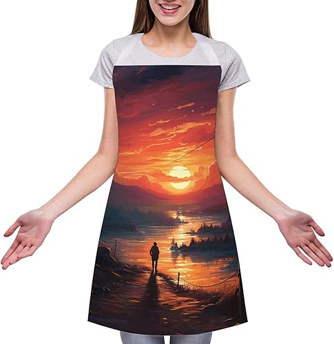 Miniatura 3 de Sunset Art Aprons Waterproof Cooking Kitchen Apron Unisex Adjustable Bib Apron with Pocket Restaurant Chef Works Aprons for Waitress Waiter