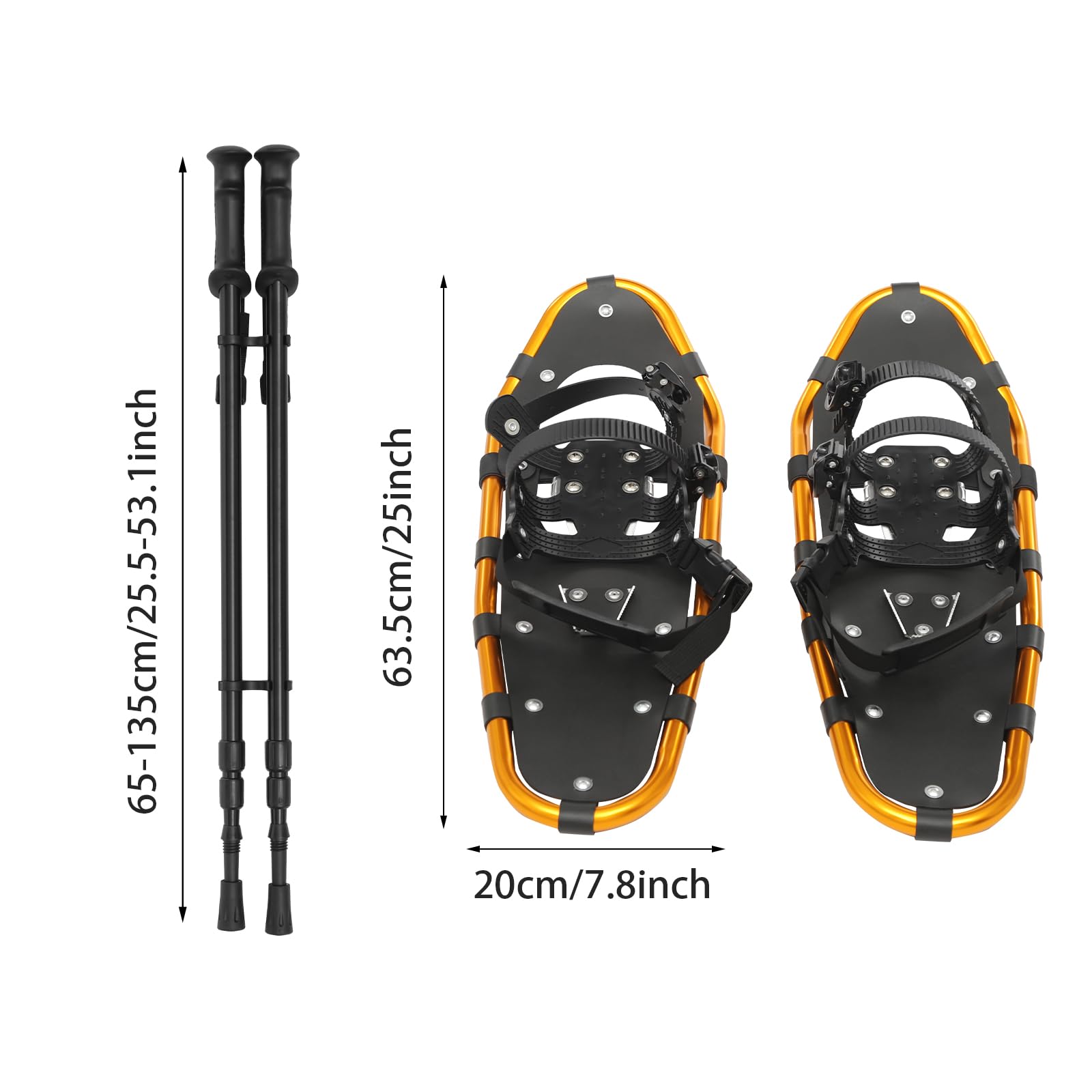 AGULIUM 25 Inch Snowshoes with Adjuatable Trekking Poles and Carrying Bag, 110lbs Load Capacity, Lightweight Aluminum Snowshoes with 3-Section Telescopic Hiking Poles for Adults Men Women