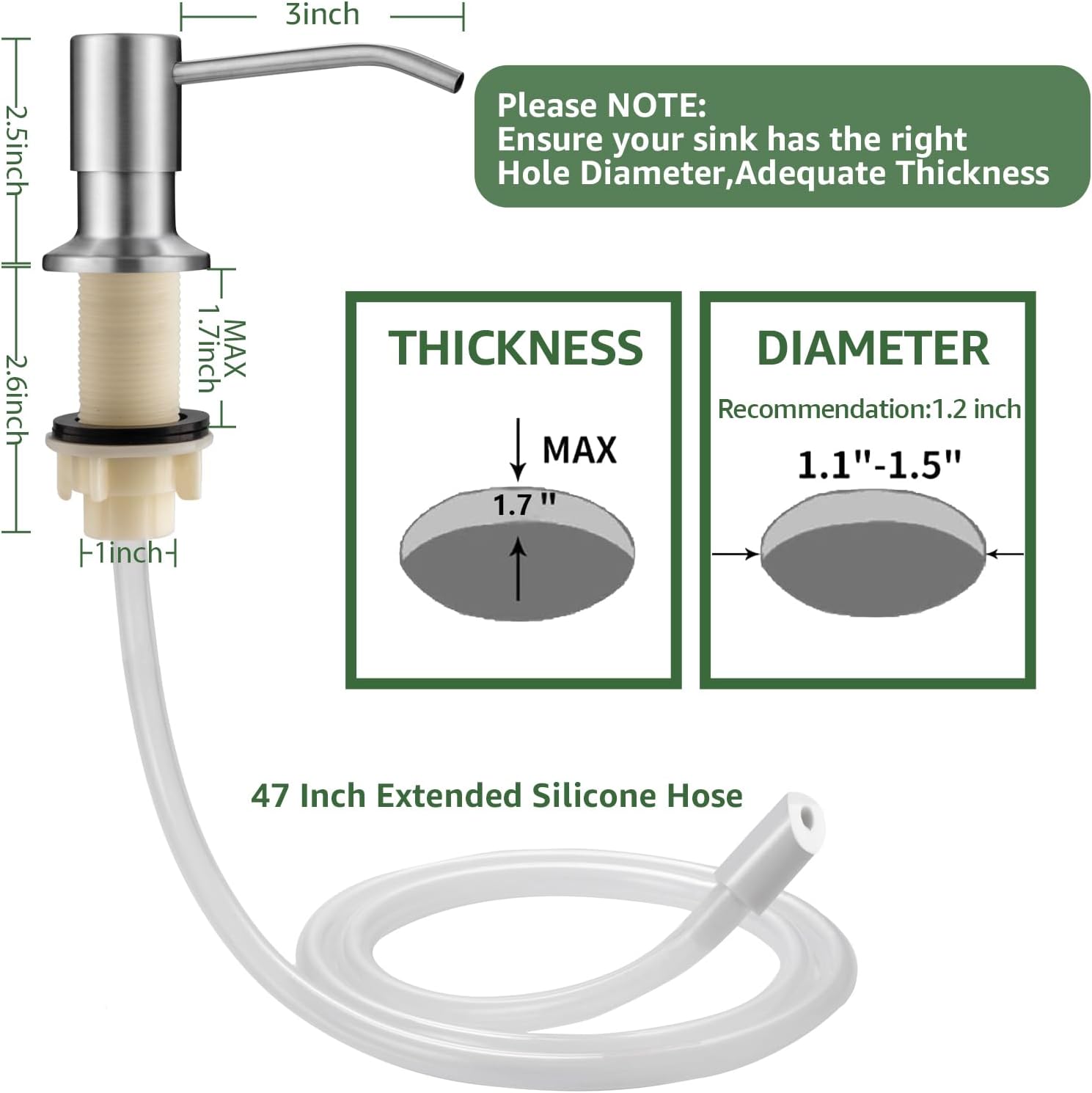 Dish Soap Dispenser for Kitchen Sink, Built in Sink Soap Dispenser Brushed Nickel, Countertop Soap Dispenser Stainless Steel Pump with 47" Extension Tube kit, No Need to Fill Little Bottle Again - Image 6