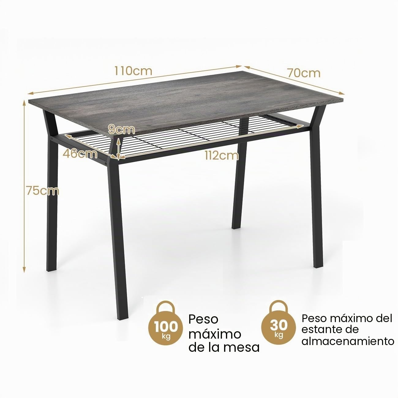 GIANTEX Mesa de comedor de cocina 110 x 70 cm, mesa de comedor industrial con marco de metal, mesa rectangular para 4 personas, comedor para comedor y cocina
