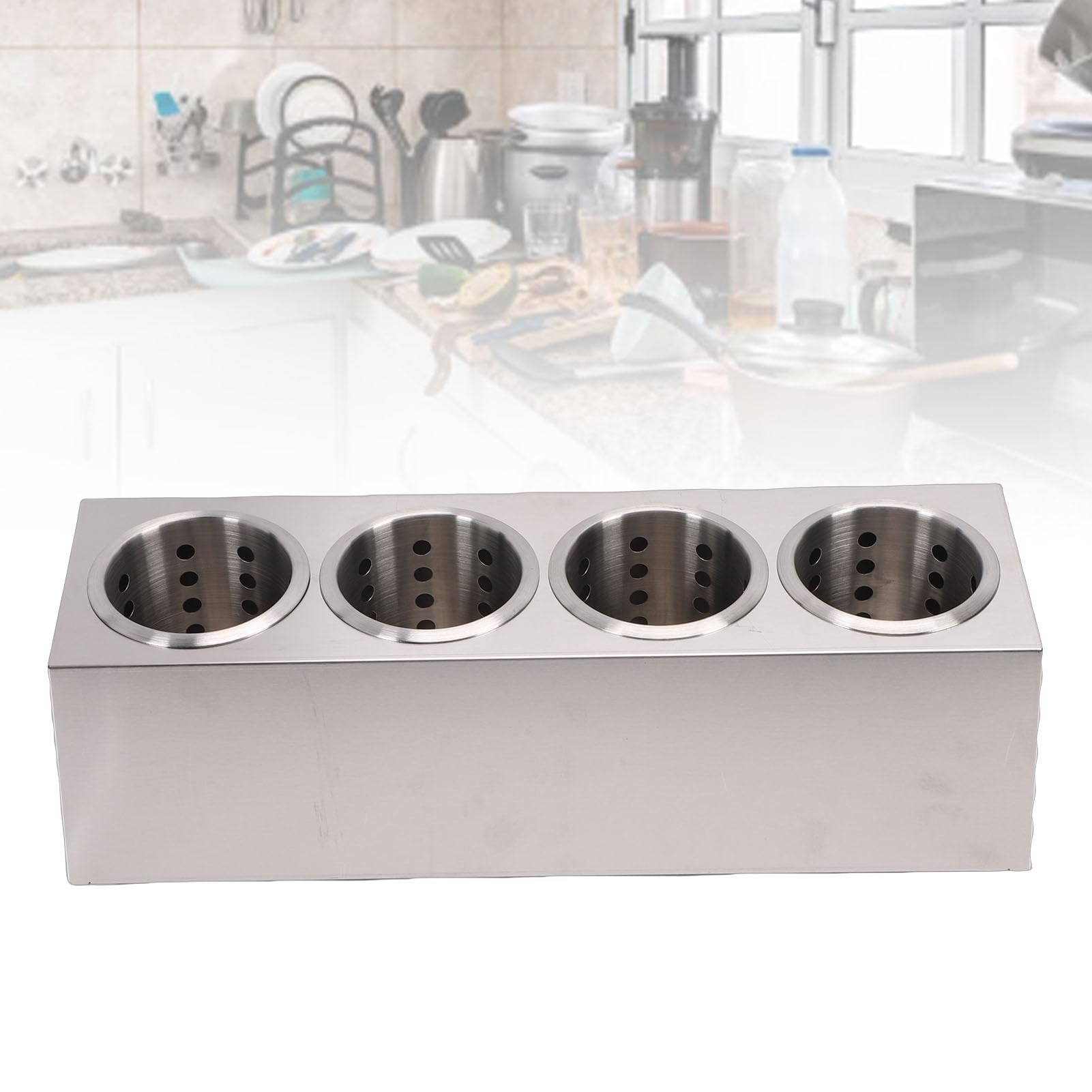 Soporte para Utensilios de Encimera de Acero Inoxidable, Organizador de Cubiertos con Cilindros de Drenaje Desmontables, Carrito de Almacenamiento de Cubiertos para Tenedores (4 compartimentos)