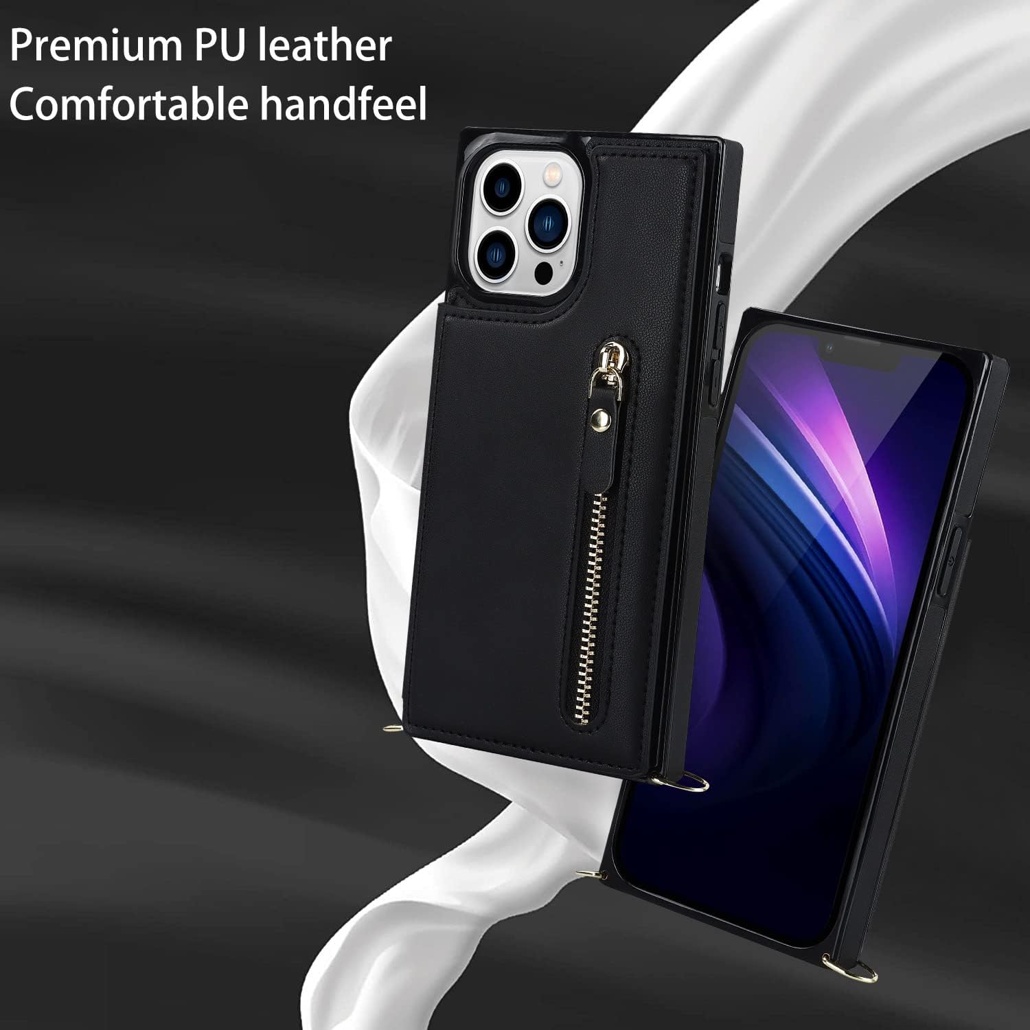 SZHAIYU Zipper Wallet Purse for iPhone 13 Pro Max Crossbody Case with Credit Card Holder Strap Lanyard 6.7'' Kickstand Flip Leather RFID Protection Women (Black,13 Pro Max)