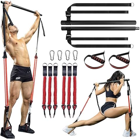 Pilates Bar Kit, Muscle Tension Bar, Portable Yoga Exercise Pilate Stick Set Adjustable Length and Resistance Bands Home Gym Pilates Bar, Full Body Workout Equipment Training Kit (6 Resistances Bands) Cover
