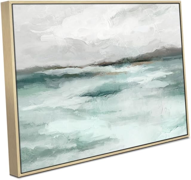 Abstract Seascape Canvas Wall Art - Framed Teal Watercolor Abstract Coastal and Ocean Waves Artwork for Living Room Decor