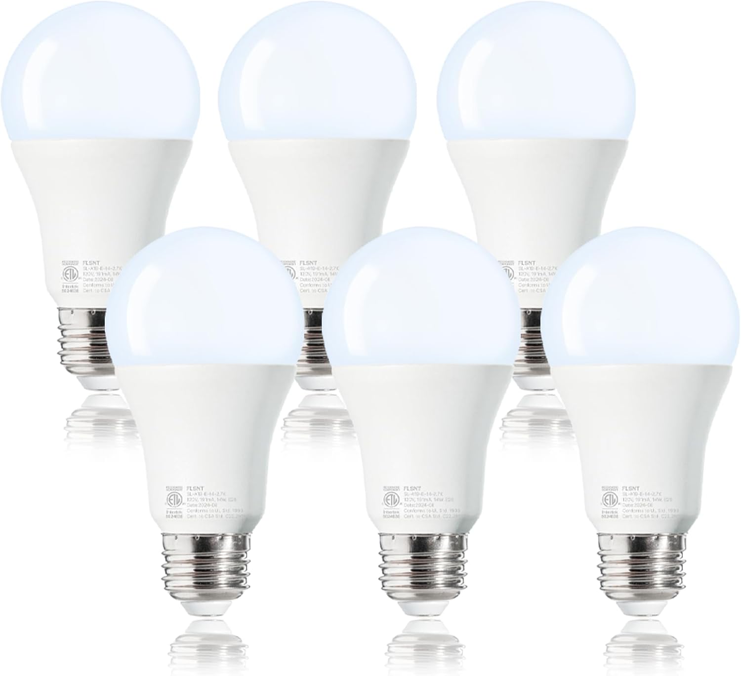 FLSNT A19 LED Light Bulbs, 100W Equivalent, 5000K Daylight, Efficient 14W, 1500Lumens, CRI82, E26 Standard Base, 6 Pack, Non-Dimmable, ETL, Lighting for Bedroom Living Room Office Home