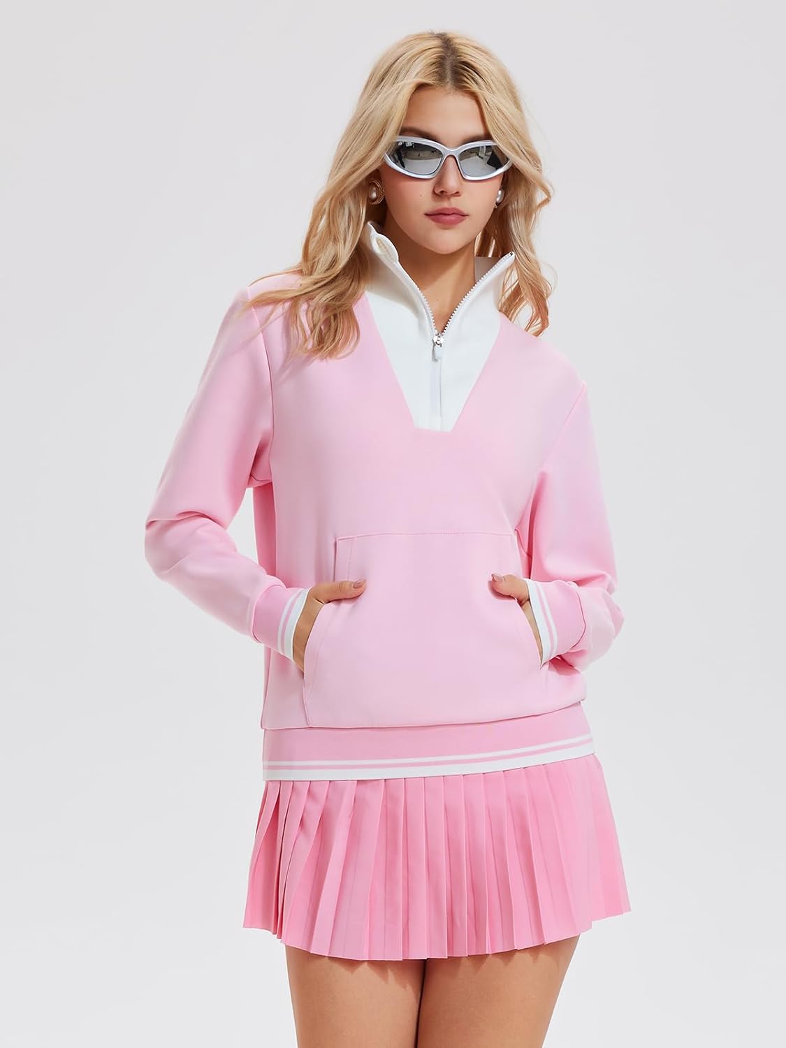 Airfree Women Two Piece Tennis Skirt Set Golf Outfits Half Zip Oversize Pullover Sweatshirt 2 Piece Skirt Sets with Pockets - Image 2