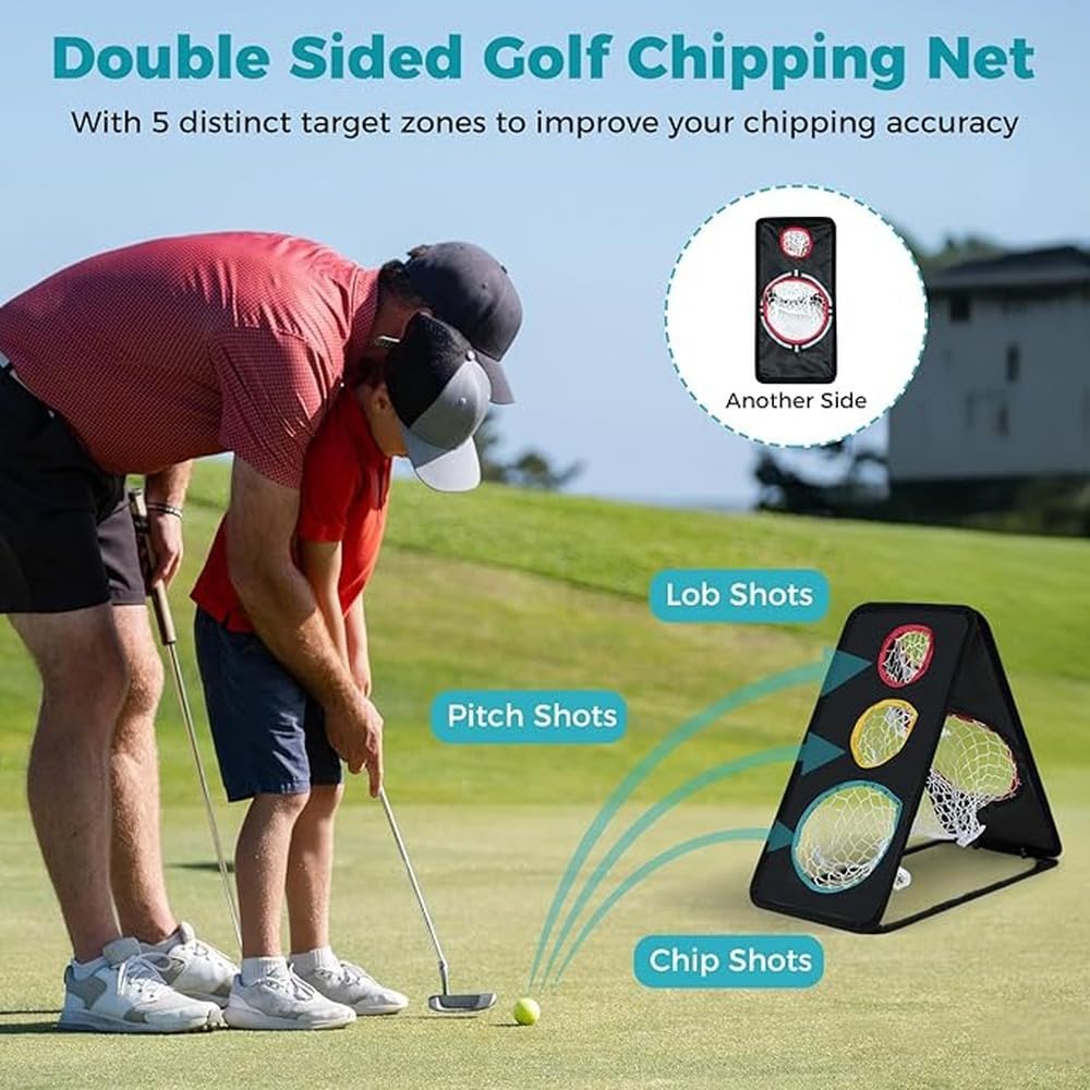 Rete per chipping da golf con configurazione a doppia faccia che | scenari di pratica per migliorare l'accuratezza e la precisione nel golf. Tappetino da tiro Champkey in tela.