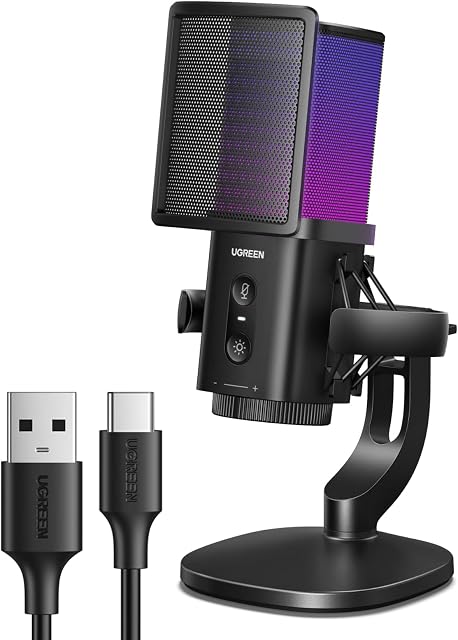 UGREEN Gaming Microphone with 96KHz/24-bit, Gaming Mic USB-C PC Cardioid | Gain Control, 7 RGB Lighting Modes, Real-Time Monitoring with Quick Mute, for Streaming, Podcast, YouTube, Twitch, PC/PS4/PS5