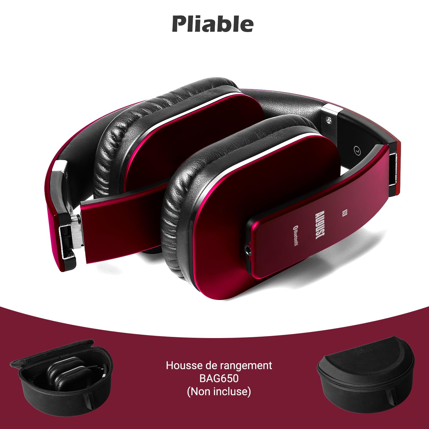 August EP650 - Casque Bluetooth Rouge sans Fil 4.2 aptX Low Latency-Circum Auriculaire avec Micro Léger Pliable Confortable NFC-Casque Audio Homme Femme Compatible iPhone Android TV Ordinateur Sport