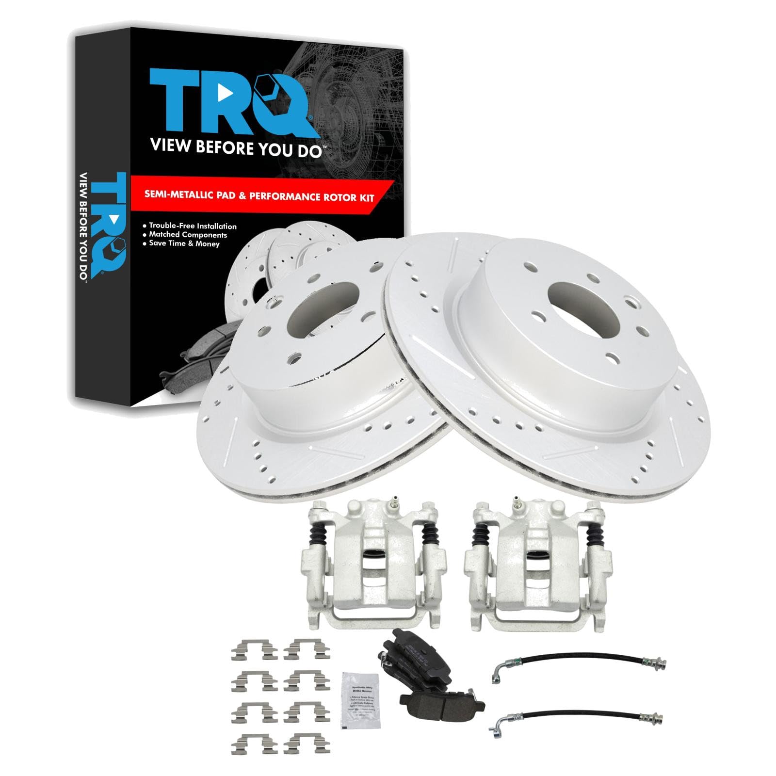 TRQ Performance Rear Brake Pad and Rotor Set Semi Metallic Slotted Drilled Coated Rotors Calipers Compatible with 2006-2009 Infiniti M35 2006-2009 M45