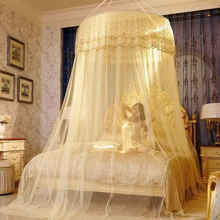 Mosquitera Amarilla para Cama, Dosel para Cama para decoración de habitación de niñas, mosquitera de Encaje en Forma de cúpula, Dosel Colgante para protección contra Insectos.