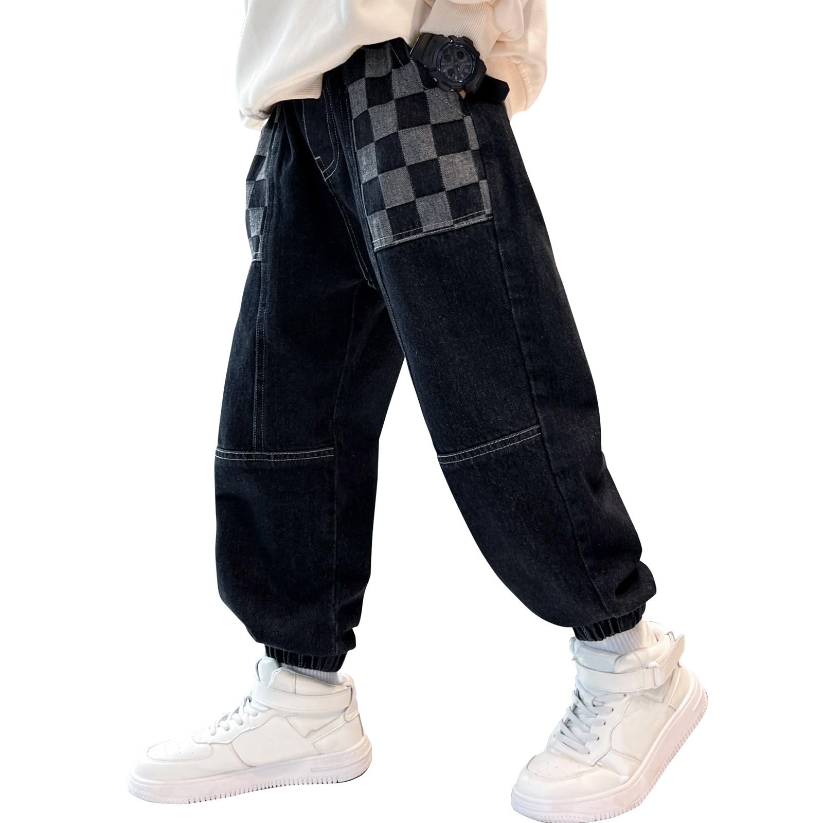 MEILONGER Baggy Jeans chłopięce dziecięce elastyczne spodnie ze stretchem w talii, modne spodnie jeansowe