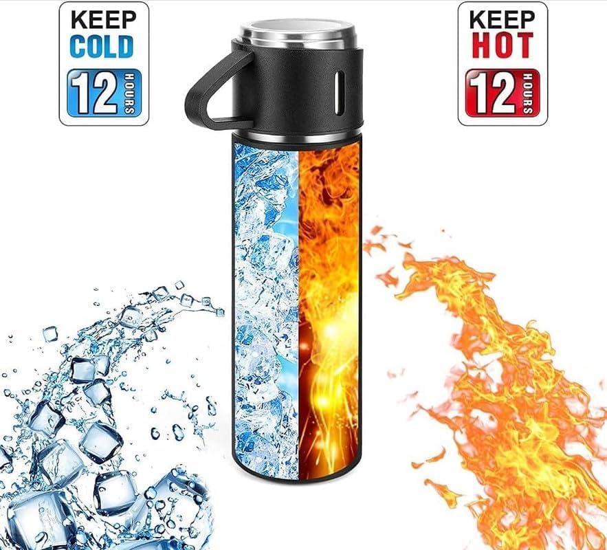 Image of Double Wall Stainless Steel Thermo 500ml Vacuum Insulated Bottle Water Flask Gift Set with Two Cups Hot & Cold Diwali Gifts for Employees Corporate Gift Items (Grey*)(Multi Colour)