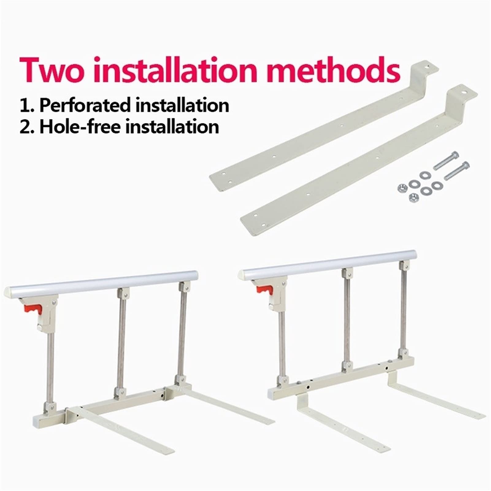 Barandilla de cama plegable de metal con protector lateral de seguridad para adultos mayores, asa, con barra de parachoques de agarre, color plateado y blanco, 70 cm