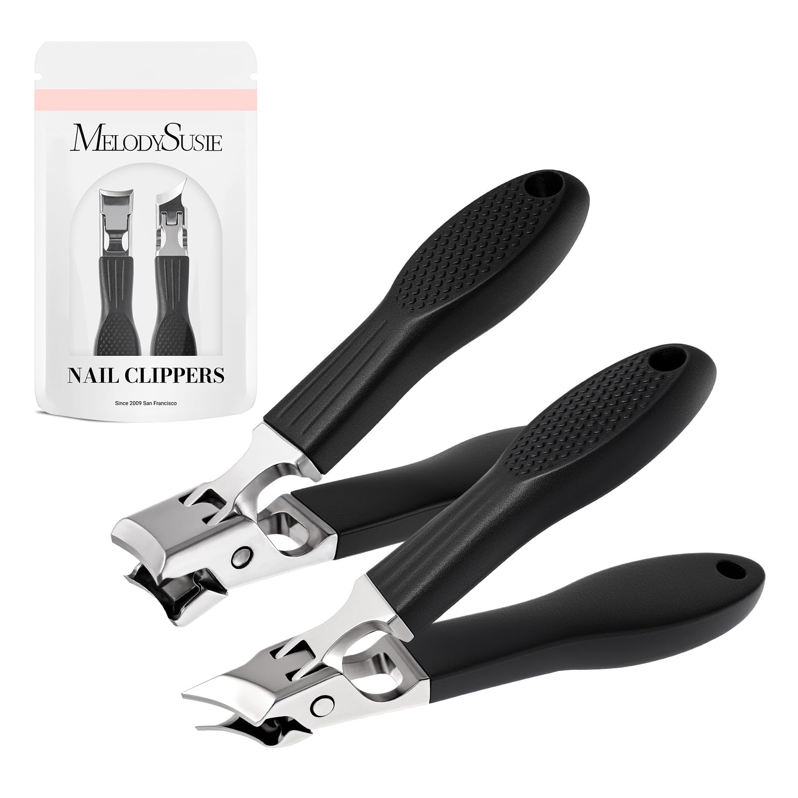 MelodySusie Wide Jaw Opening Nail Clippers Set 2 pcs Toenail Clippers for Seniors Thick Nails Anti-Splash Curved and
